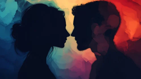 Silhouetted Profiles Converge Through Chromatic Gradient Field.