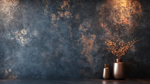 Warm copper vases glow gently against a moody textured wall
