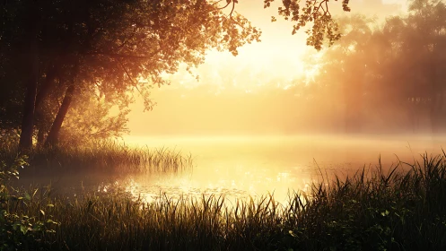 Golden mist over tranquil forest lake at sunrise glow.
