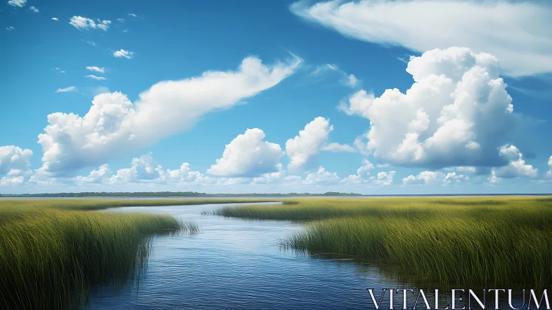 Calm coastal marsh under wide open sky and drifting clouds.