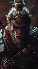 Simian warrior portrait with ornate armor and topknot detail.