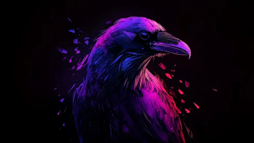 Neon-lit raven portrait renders avian form in chromatic shards