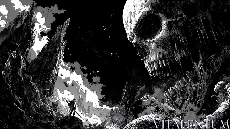 Swordbearer confronts colossal skeletal titan in void.