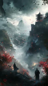 Warriors survey misty mountain city beneath storm clouds.