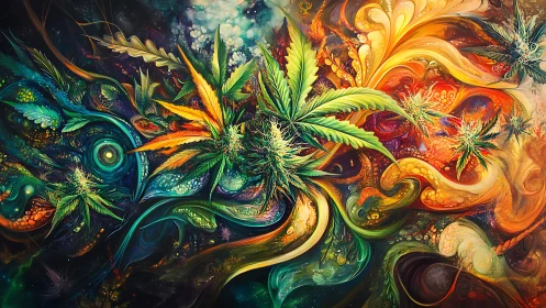 Lush cannabis leaves swirling through radiant abstract color.