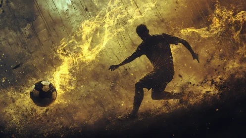 Silhouetted footballer blasting fiery ball through darkness.