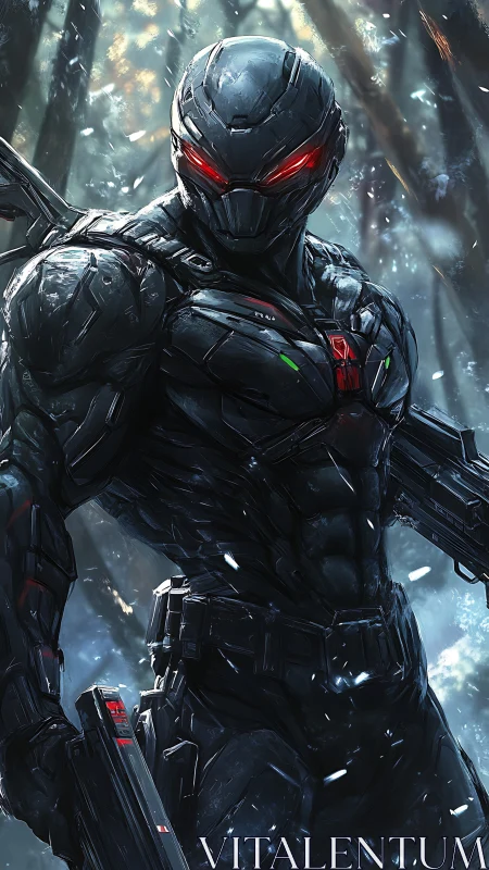 Armored cybernetic operative with red visor in winter forest