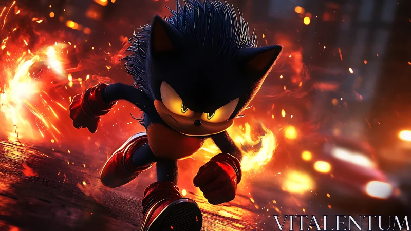 Blue speedster charges through blazing neon city streets