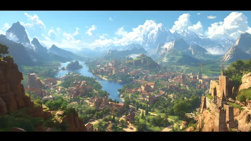 Expansive fantasy valley city with distant snowy mountains.