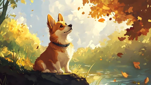 Corgi near reflective pond under autumn foliage at dusk.