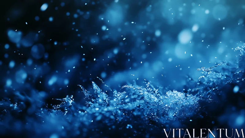 Blue macro view of ice crystals and drifting snowflakes.