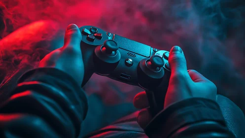 Immersive gamer hands hold a controller in neon glow