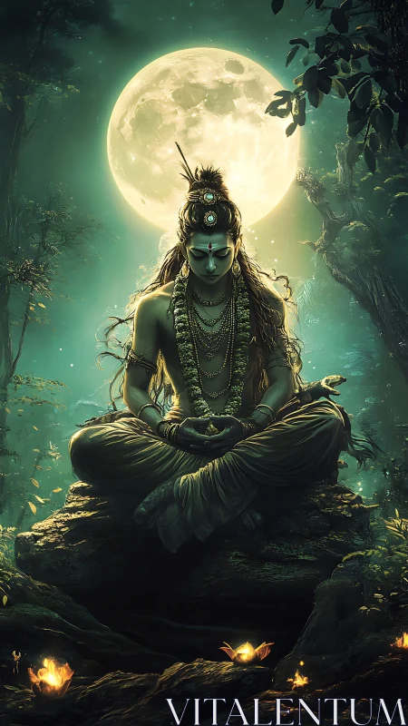 Mystic moonlit Shiva meditation in atmospheric digital painting.