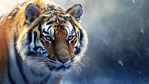 Snow-dusted tiger advances through diffuse wintry backlight