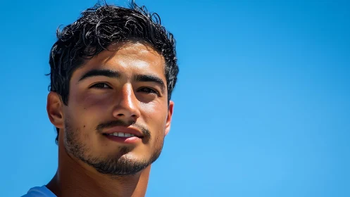 Portrait shows a young man against a clear blue sky