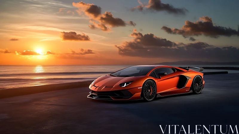 Low-slung orange supercar parked beside reflective ocean sunset