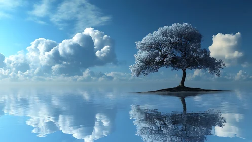 Solitary tree on shallow water with sky reflection