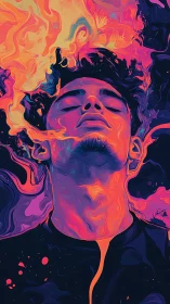 Neon portrait pours liquid fire from meditative mind.