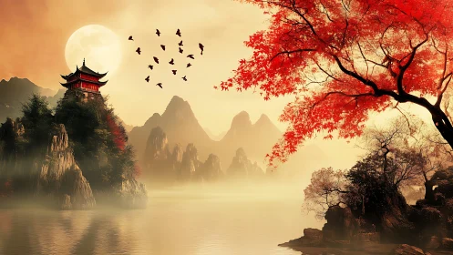 Moonlit pagoda rises over misty lake beneath crimson leaves