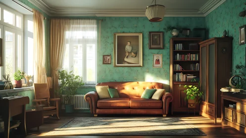 Sunlit vintage living room with teal walls and leather sofa.