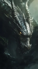 Dark scaled dragon head with horns in misted low light.