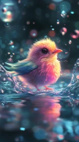 Neon plumage chick splashes through iridescent water glow.