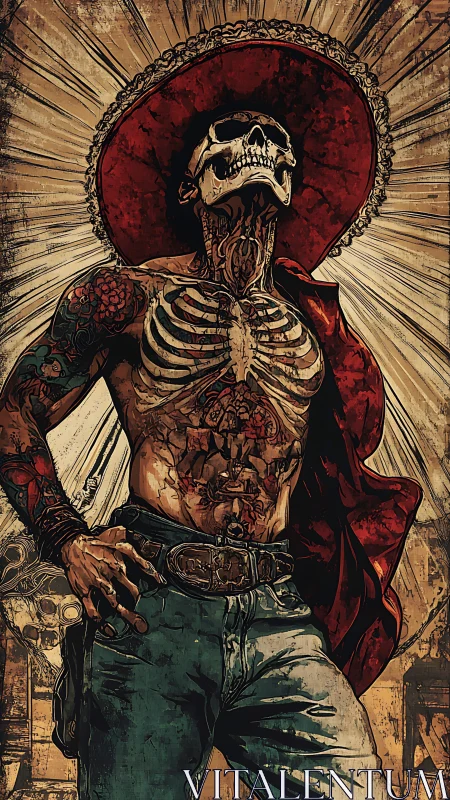 Skeletal gunslinger stands radiant under worn crimson sombrero