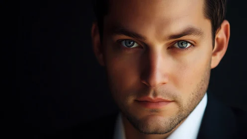 Cinematic low‑key portrait of blue‑eyed man in suit.