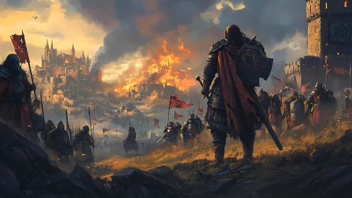 Medieval armored commander surveys burning besieged cityscape
