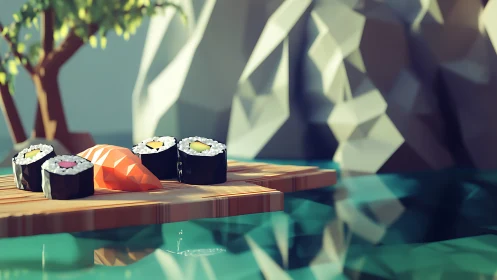 Cozy riverside sushi platter resting in tranquil low-poly light.