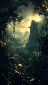 Luminescent Canyon Portal Between Rocky Spires