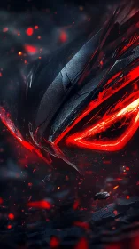 Volcanic cyber-helm with incandescent angular visor glare.