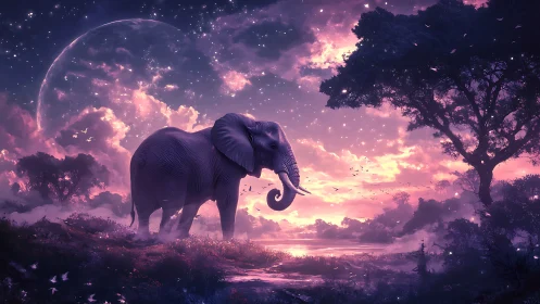 Celestial elephant wanders beneath a glowing violet sky.