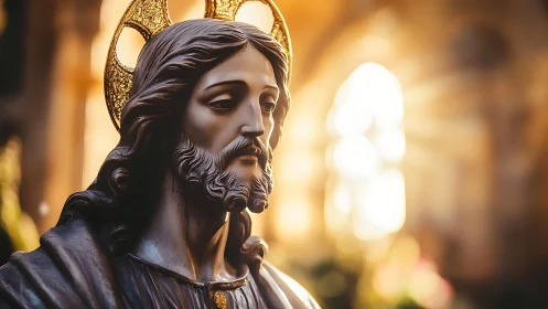 Sunlit church statue of Christ glows in warm sacred light