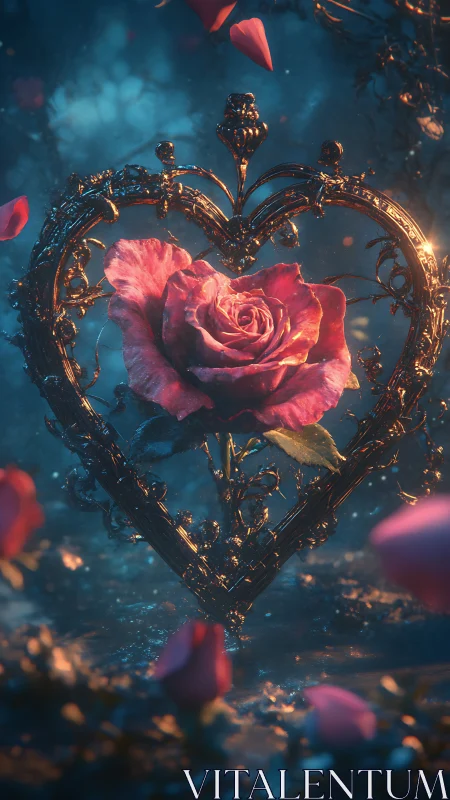 Golden Heart Cradles Luminous Rose in Dreamscape