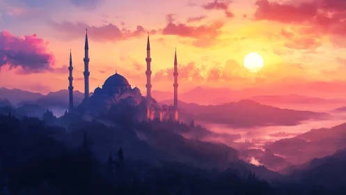 Sunlit mosque silhouettes rise over misty violet valleys.