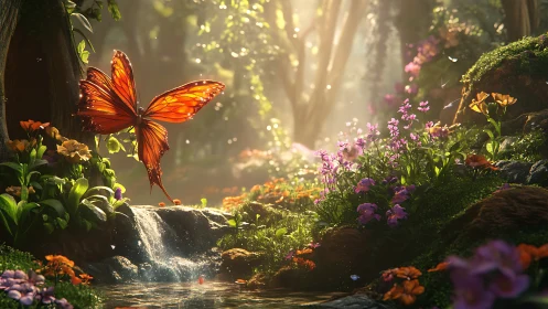 Luminous amber butterfly drifting above a secret forest stream.