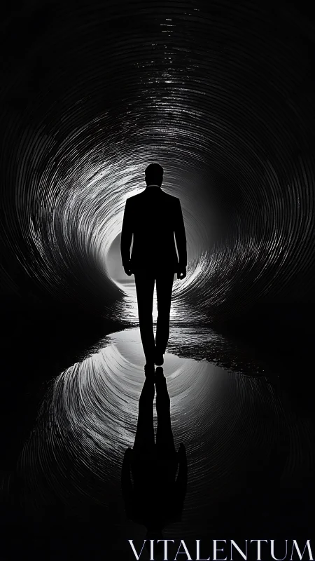 Silhouetted man walks into bright tunnel with mirrored reflection