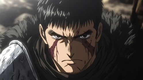 Brooding warrior caught between battle scars and resolve.