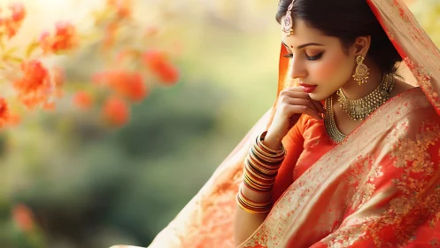 Digital painting of bride in ornate orange sari, profile view.