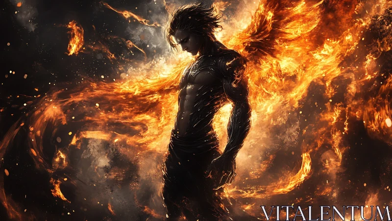 Winged fireborn warrior strolls through a molten dusk storm