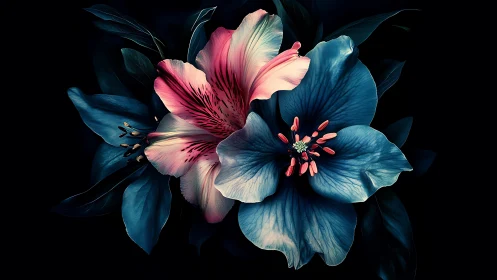 Blue and Pink Floral Petals Against Black Background.