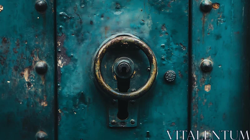 Rust-ringed keyhole waits patiently on weathered teal door