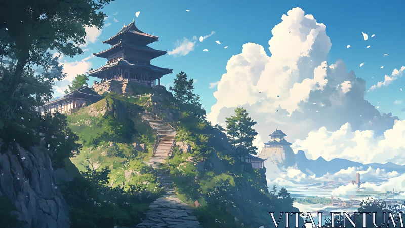 Mountain temple landscape under towering summer clouds.