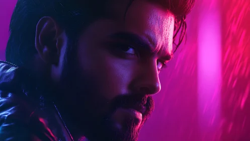 Neon side-lit portrait with cinematic rain and moody gaze.