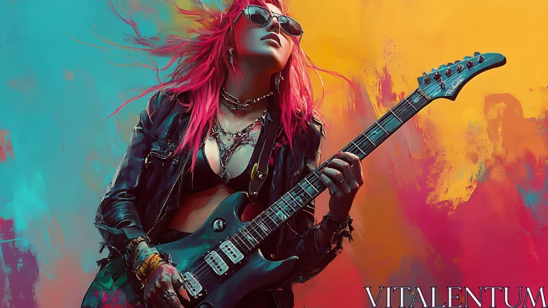 Neon haired rock guitarist against bold abstract backdrop.