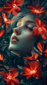 Hypnotic bioluminescent portrait entwined in crimson flora.