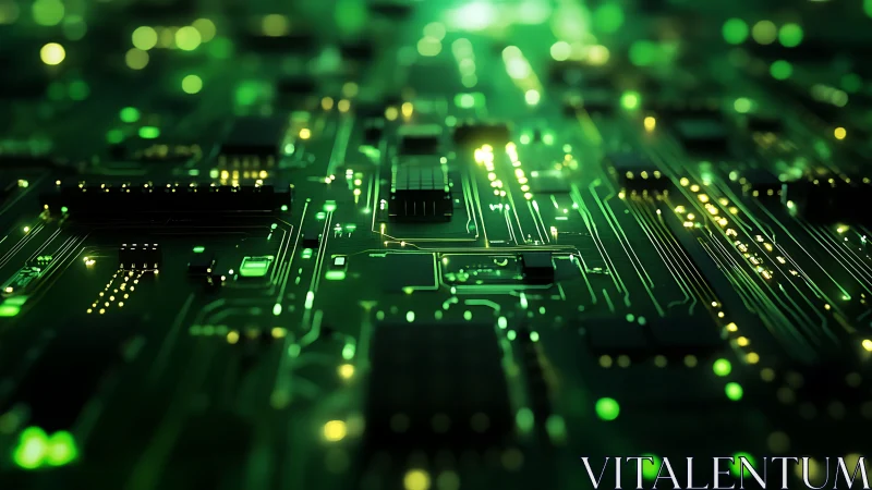 Glowing green circuit board renders dense electronic pathways