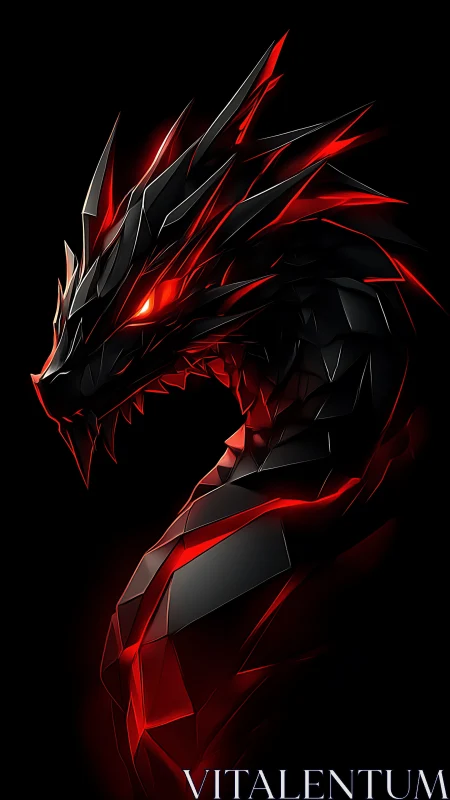 Obsidian cyber dragon coils in red neon shards.