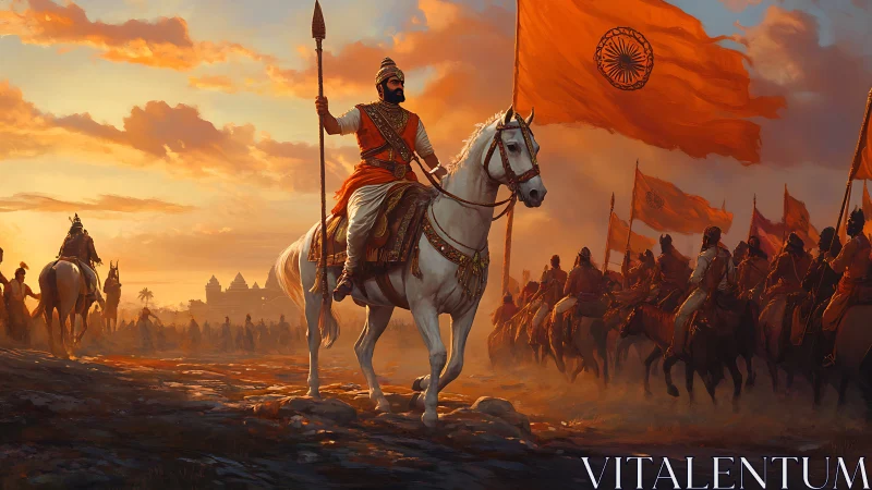 Sunset warrior king leads saffron-bannered cavalry charge.